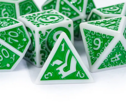 White with Green Irregular Pattern Fill: 7-Piece Acrylic Dice Set for D&D and RPG (Online Only)