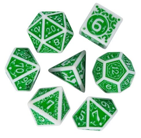 White with Green Irregular Pattern Fill: 7-Piece Acrylic Dice Set for D&D and RPG (Online Only)