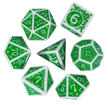 White with Green Irregular Pattern Fill: 7-Piece Acrylic Dice Set for D&D and RPG (Online Only)