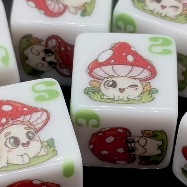 (White) Mushroom Dice | Printed d6 Dice Featuring Cute Mushroom Numbered (Online Only)