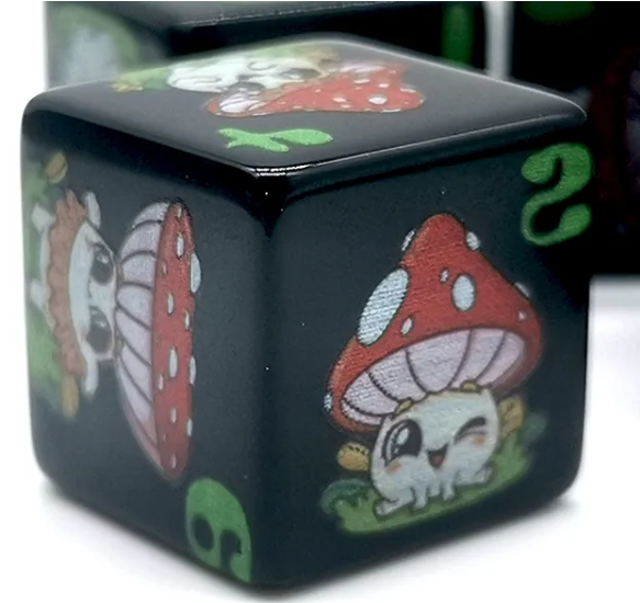 (Black) Mushroom Dice | Printed d6 Dice Featuring Cute Mushroom Numbered (Online Only)