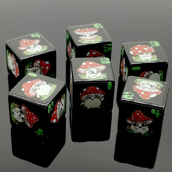 (Black) Mushroom Dice | Printed d6 Dice Featuring Cute Mushroom Numbered (Online Only)