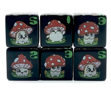 (Black) Mushroom Dice | Printed d6 Dice Featuring Cute Mushroom Numbered (Online Only)