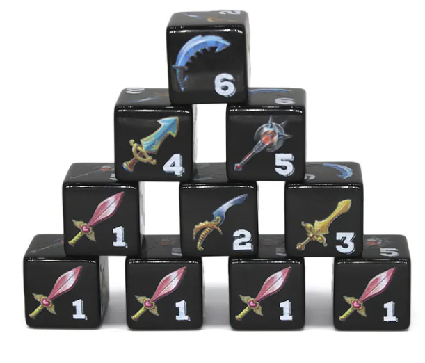 (Black) Sword Dice | Printed d6 Dice Featuring Fantasy Weapons Numbered (Online Only)