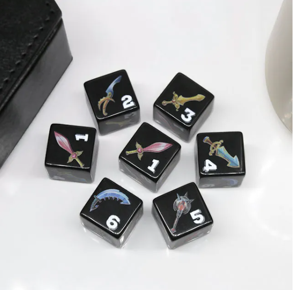 (Black) Sword Dice | Printed d6 Dice Featuring Fantasy Weapons Numbered (Online Only)