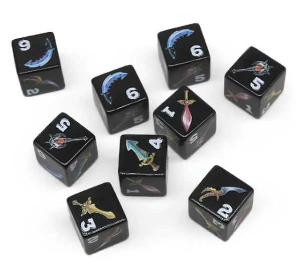 (Black) Sword Dice | Printed d6 Dice Featuring Fantasy Weapons Numbered (Online Only)