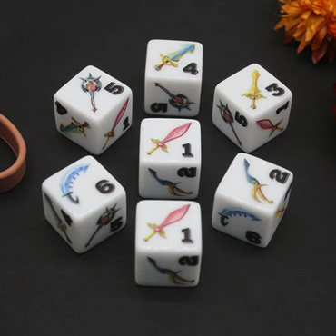 (White) Sword Dice | Printed d6 Dice Featuring Fantasy Weapons Numbered (Online Only)