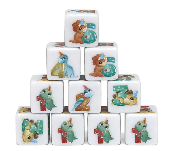 (White) Dinosaur Dice | Printed d6 Dice Featuring Cute Dinos Numbered (Online Only)
