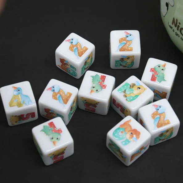 (White) Dinosaur Dice | Printed d6 Dice Featuring Cute Dinos Numbered (Online Only)
