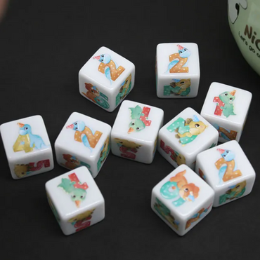 (White) Dinosaur Dice | Printed d6 Dice Featuring Cute Dinos Numbered (Online Only)