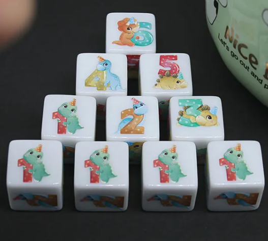 (White) Dinosaur Dice | Printed d6 Dice Featuring Cute Dinos Numbered (Online Only)