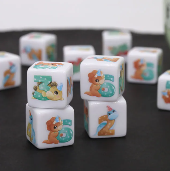 (White) Dinosaur Dice | Printed d6 Dice Featuring Cute Dinos Numbered (Online Only)