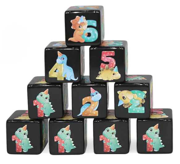 (Black) Dinosaur Dice | Printed d6 Dice Featuring Cute Dinos Numbered (Online Only)