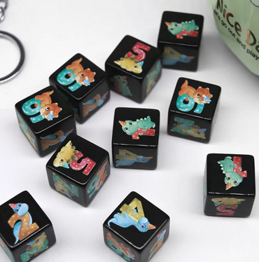 (Black) Dinosaur Dice | Printed d6 Dice Featuring Cute Dinos Numbered (Online Only)