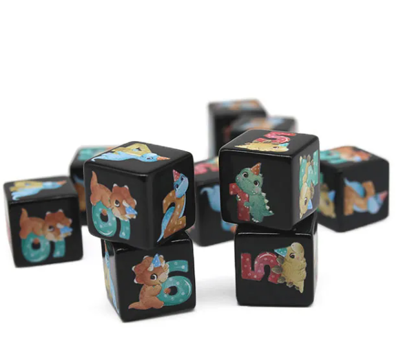 (Black) Dinosaur Dice | Printed d6 Dice Featuring Cute Dinos Numbered (Online Only)