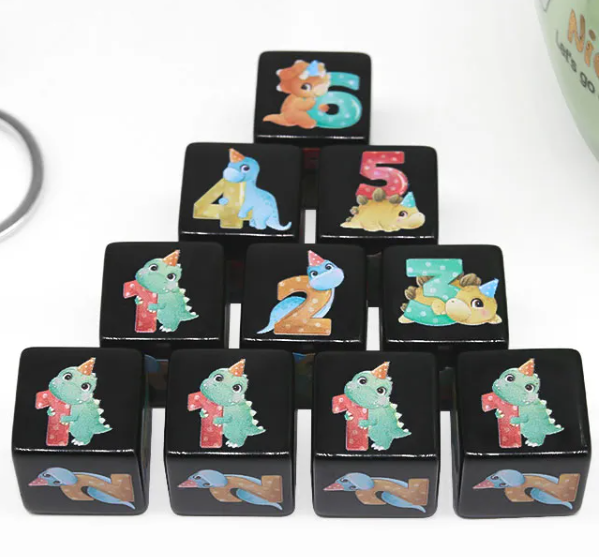 (Black) Dinosaur Dice | Printed d6 Dice Featuring Cute Dinos Numbered (Online Only)