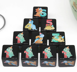 (Black) Dinosaur Dice | Printed d6 Dice Featuring Cute Dinos Numbered (Online Only)