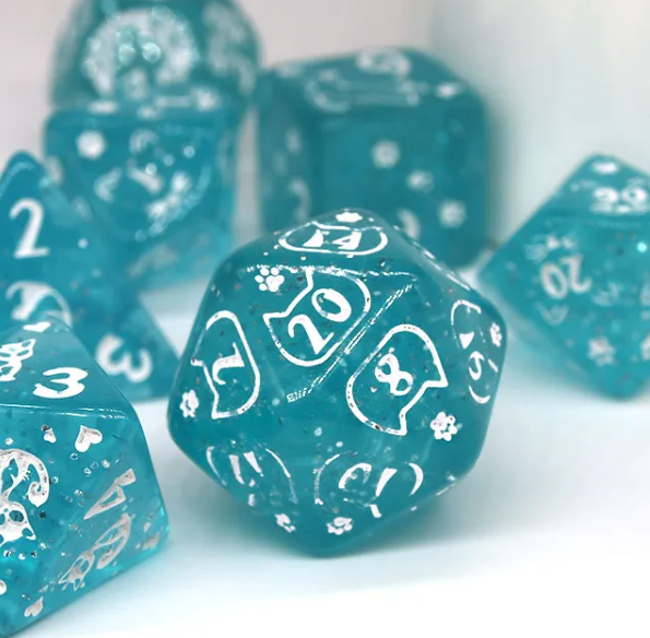 Imperfect - Cat's Meow Blue 7-Dice Set with Silver Glitter - Cat-Themed - Discounted (Online Only)