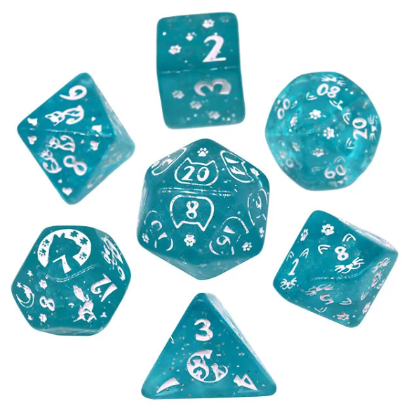 Imperfect - Cat's Meow Blue 7-Dice Set with Silver Glitter - Cat-Themed - Discounted (Online Only)