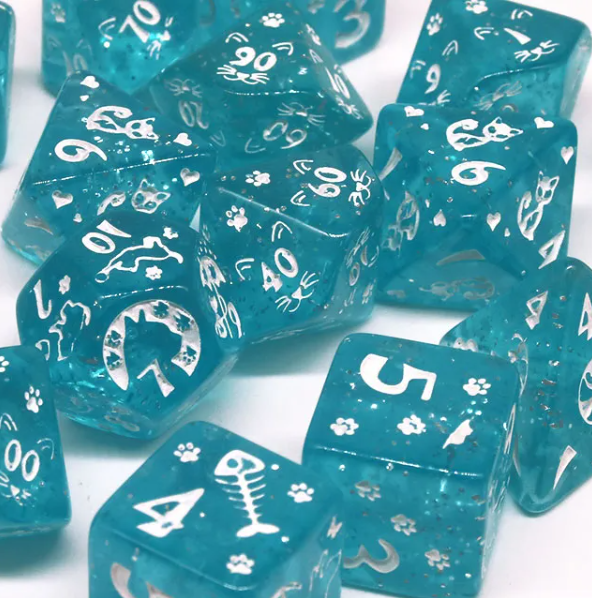 Imperfect - Cat's Meow Blue 7-Dice Set with Silver Glitter - Cat-Themed - Discounted (Online Only)