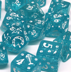 Imperfect - Cat's Meow Blue 7-Dice Set with Silver Glitter - Cat-Themed - Discounted (Online Only)