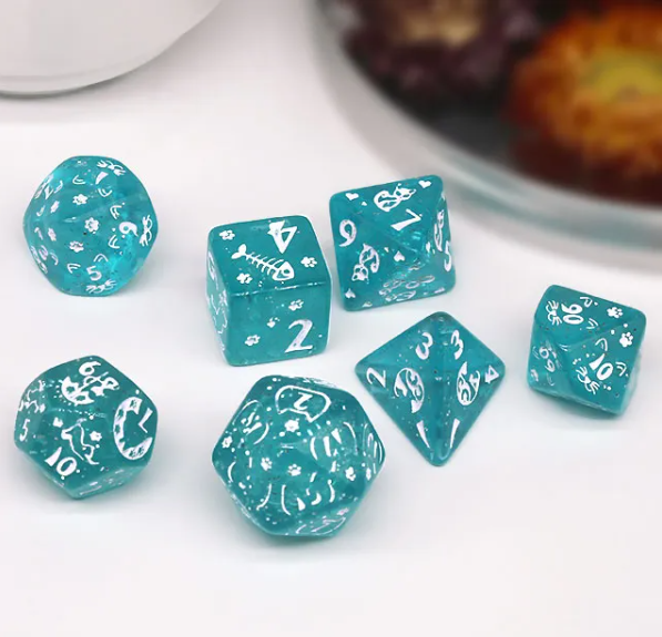 Imperfect - Cat's Meow Blue 7-Dice Set with Silver Glitter - Cat-Themed - Discounted (Online Only)