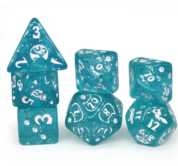 Imperfect - Cat's Meow Blue 7-Dice Set with Silver Glitter - Cat-Themed - Discounted (Online Only)