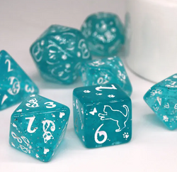 Imperfect - Cat's Meow Blue 7-Dice Set with Silver Glitter - Cat-Themed - Discounted (Online Only)