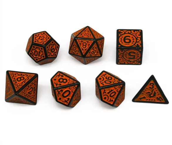 Black with Orange Ink Irregular Pattern Fill | 7-Dice Acrylic Dice Set (Online Only)