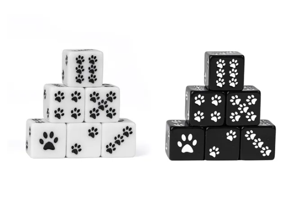 White Cat Paw Dice Opaque w/Black Paw Prints 16mm d6 Dice (sold per die) (Online Only)