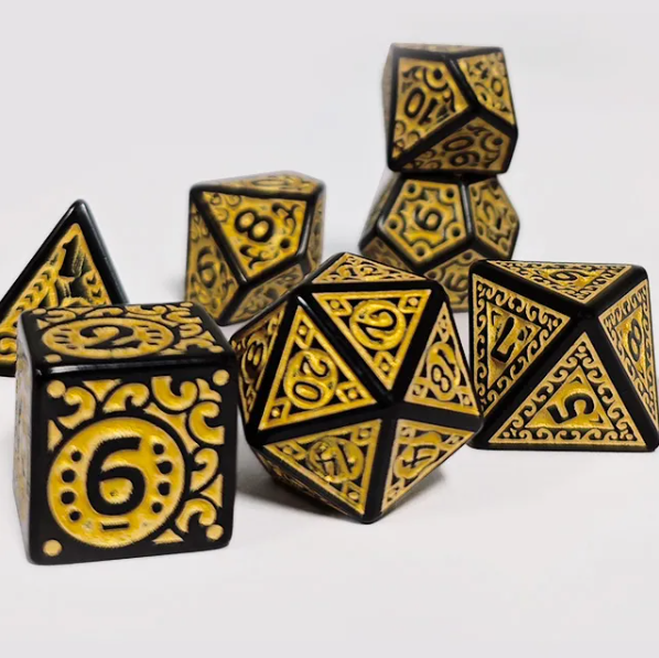Black with Yellow Ink Irregular Pattern Fill | 7-Dice Acrylic Dice Set (Online Only)