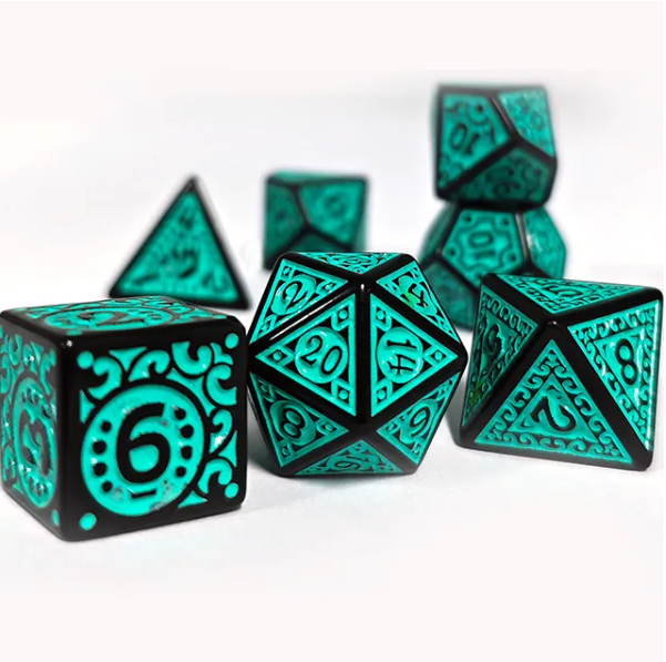 Black with Teal Ink Irregular Pattern Fill | 7-Dice Acrylic Dice Set (Online Only)
