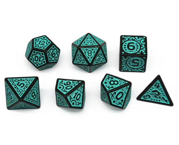 Black with Teal Ink Irregular Pattern Fill | 7-Dice Acrylic Dice Set (Online Only)