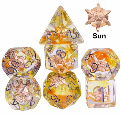 Radiant Dawn: Cleric Sun 7-Dice Set with Golden Sunburst | Yellow & Orange Sun Dice (Online Only)