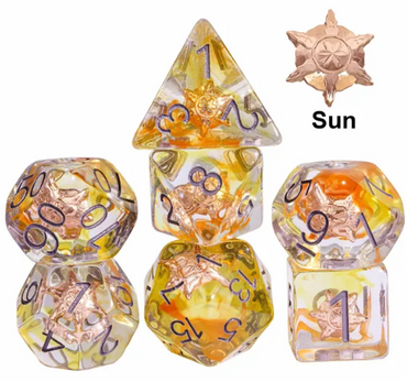 Radiant Dawn: Cleric Sun 7-Dice Set with Golden Sunburst | Yellow & Orange Sun Dice (Online Only)
