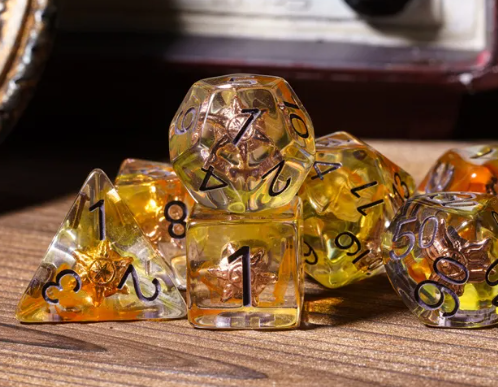 Radiant Dawn: Cleric Sun 7-Dice Set with Golden Sunburst | Yellow & Orange Sun Dice (Online Only)