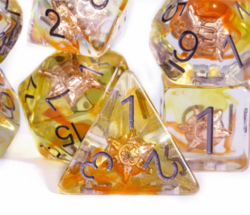 Radiant Dawn: Cleric Sun 7-Dice Set with Golden Sunburst | Yellow & Orange Sun Dice (Online Only)