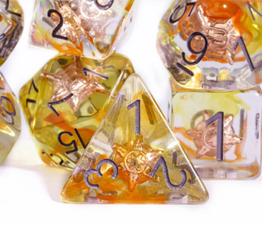Radiant Dawn: Cleric Sun 7-Dice Set with Golden Sunburst | Yellow & Orange Sun Dice (Online Only)