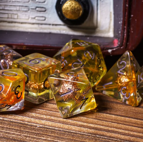 Radiant Dawn: Cleric Sun 7-Dice Set with Golden Sunburst | Yellow & Orange Sun Dice (Online Only)