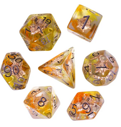Radiant Dawn: Cleric Sun 7-Dice Set with Golden Sunburst | Yellow & Orange Sun Dice (Online Only)