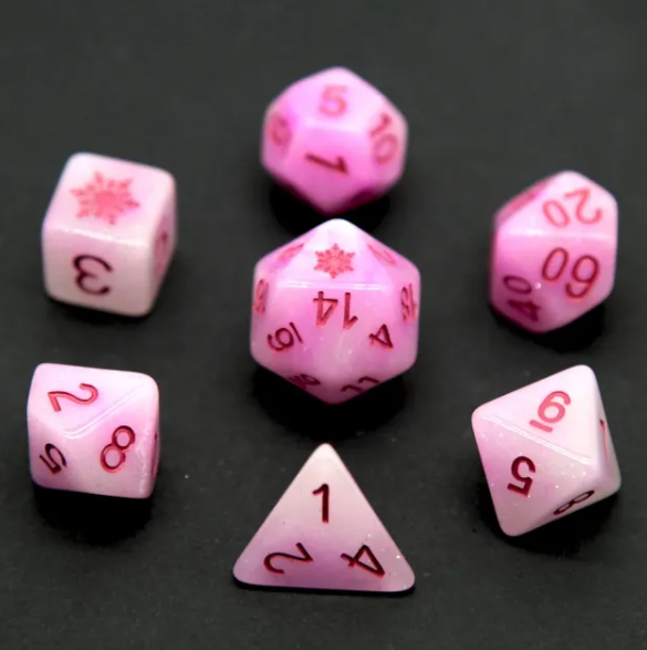 Pink Blizzard's Kiss: Snowflake D&D 7-Dice Set w/Snowflake Emblem (Online Only)