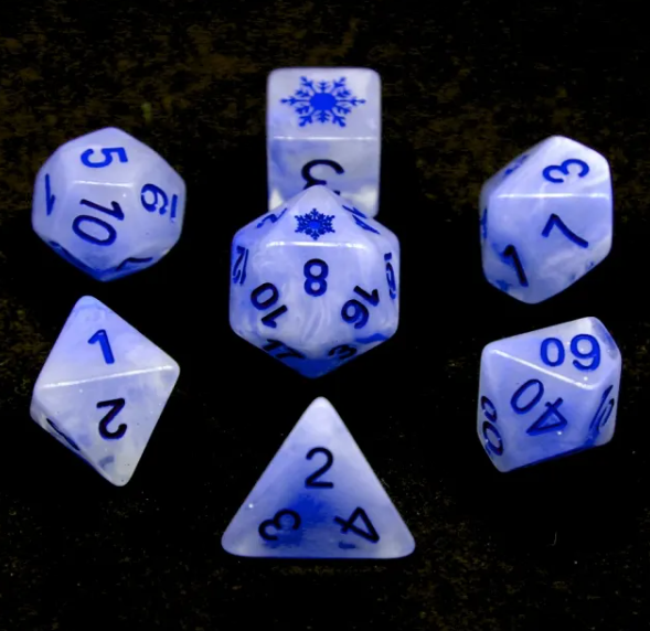 Midnight Frost: Deep Blue Snowflake D&D 7-Dice Set w/Snowflake Emblem (Online Only)