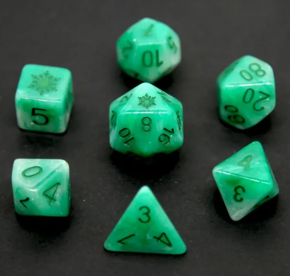 Emerald Blizzard: Green Snowflake D&D 7-Dice Set w/Snowflake Emblem (Online Only)