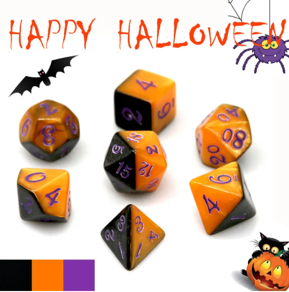 Half-Half Dice Orange & Black  7-Dice Set DND RPG Dice Purple Ink Halloween (Online Only)