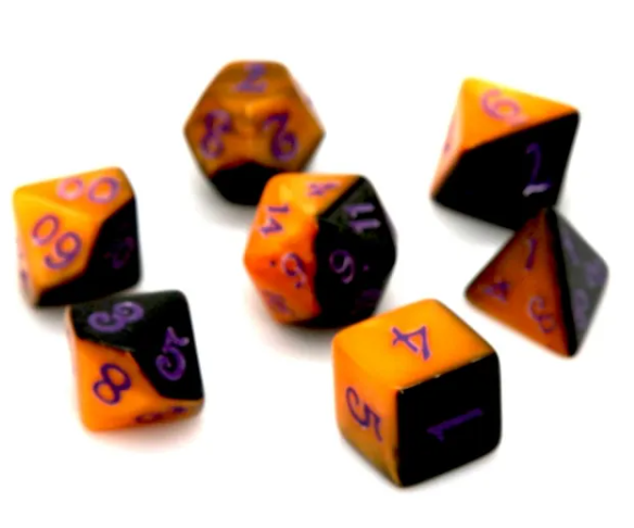 Half-Half Dice Orange & Black  7-Dice Set DND RPG Dice Purple Ink Halloween (Online Only)
