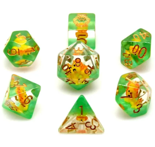 Lion Dice Clear & Green 7-Dice Set DND RPG Dice Gold Ink Crown Inclusion (Online Only)