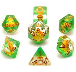 Lion Dice Clear & Green 7-Dice Set DND RPG Dice Gold Ink Crown Inclusion (Online Only)