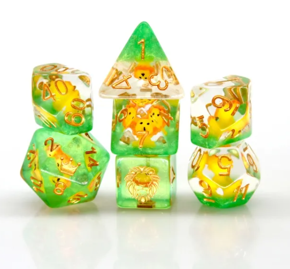 Lion Dice Clear & Green 7-Dice Set DND RPG Dice Gold Ink Crown Inclusion (Online Only)