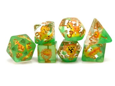 Lion Dice Clear & Green 7-Dice Set DND RPG Dice Gold Ink Crown Inclusion (Online Only)