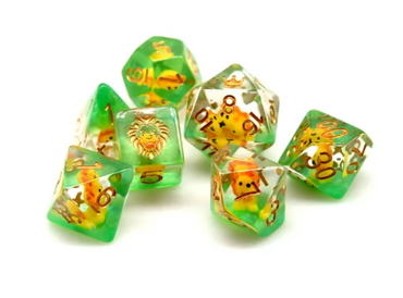 Lion Dice Clear & Green 7-Dice Set DND RPG Dice Gold Ink Crown Inclusion (Online Only)